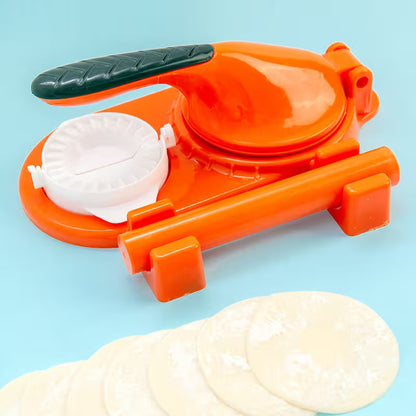 Orange dough press with green handle on a light blue background, showing cut-out circles of dough.