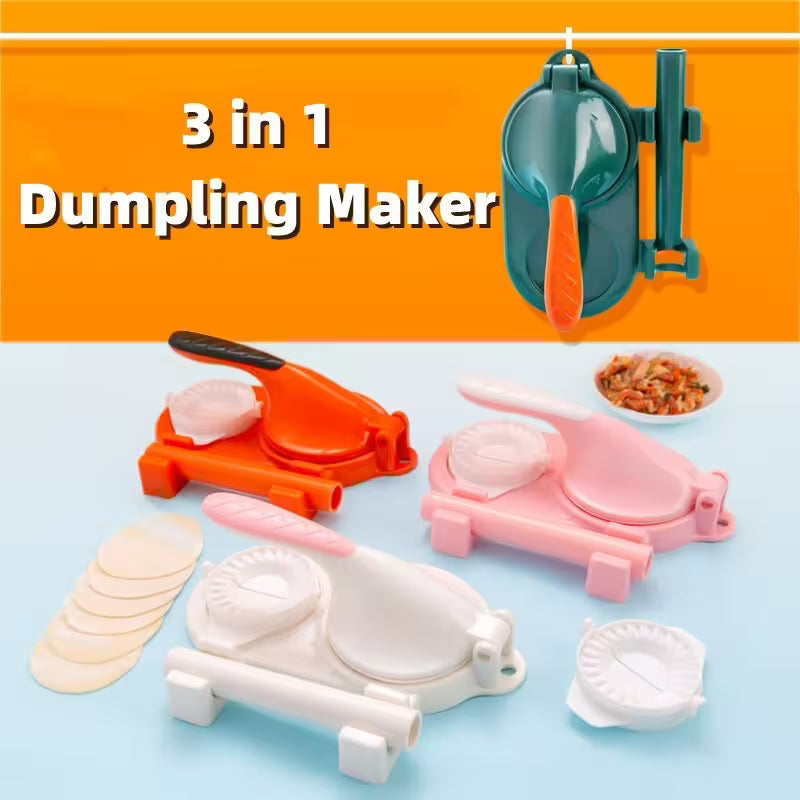 3-in-1 dumpling maker with various components on a light blue background
