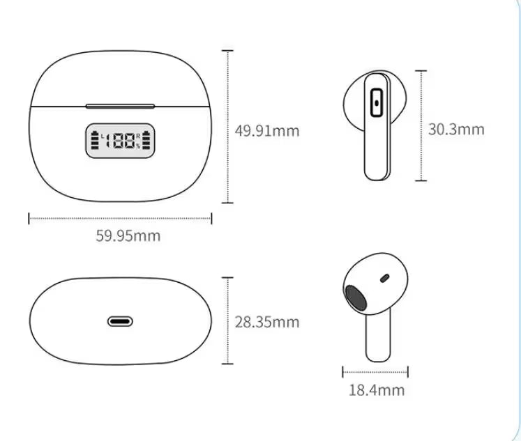Technical drawing of wireless earbuds with dimensions labeled