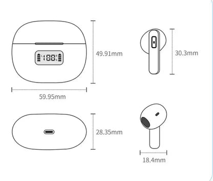 Technical drawing of wireless earbuds with dimensions labeled