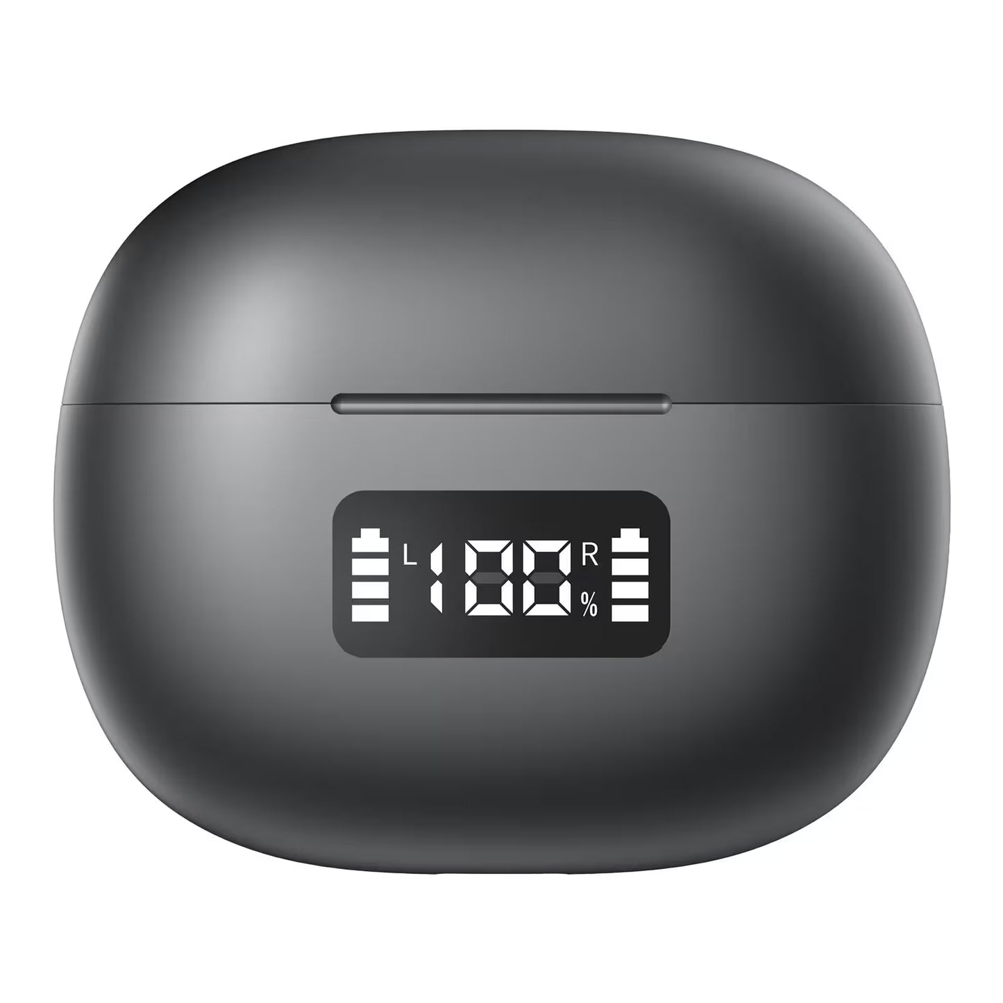Black wireless earbuds case with battery display on a white background
