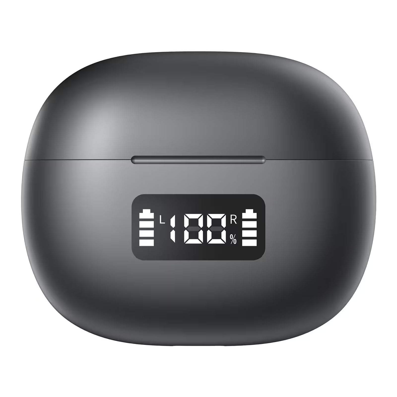 Black wireless earbuds case with battery display on a white background