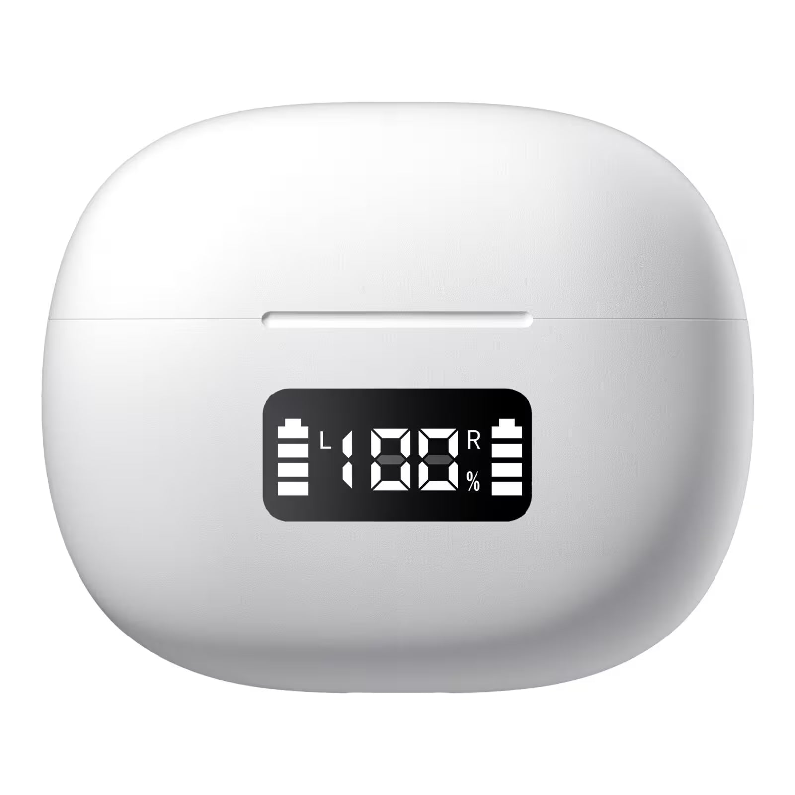 White wireless earbuds case with digital display on a white background