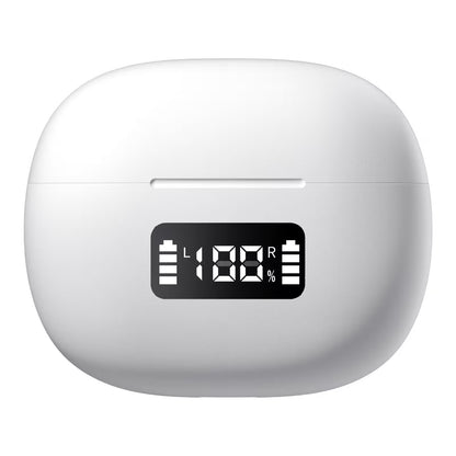 White wireless earbuds case with digital display on a white background