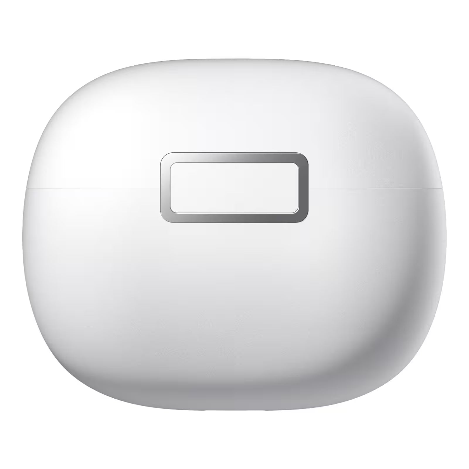 White oval-shaped device with a silver rectangular label on a white background