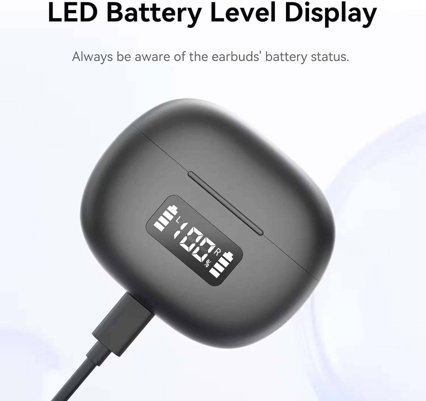 Black earbud case with LED battery level display on a white background