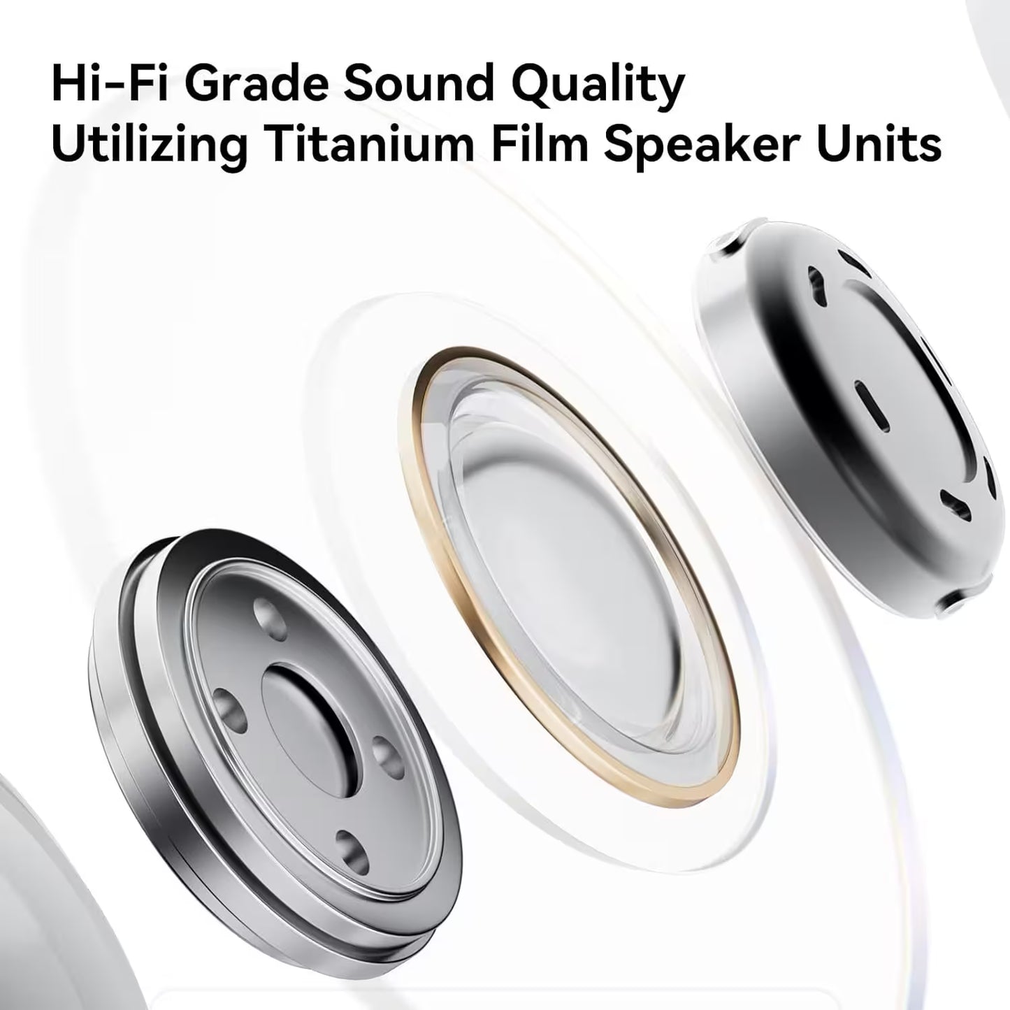 Titanium film speaker units with text highlighting Hi-Fi grade sound quality.