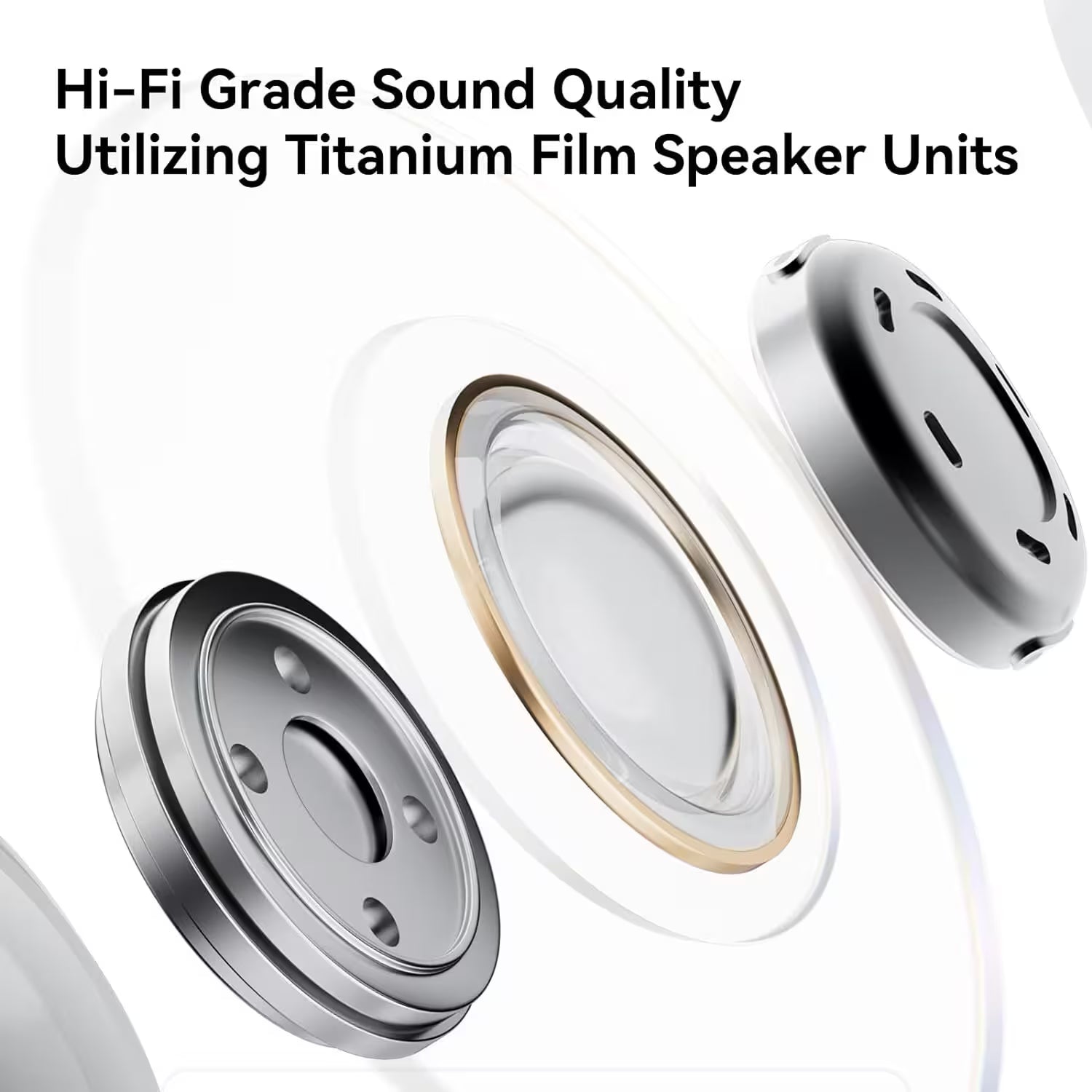 Titanium film speaker units with text highlighting Hi-Fi grade sound quality.