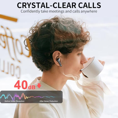 Person wearing wireless earbuds, drinking from a mug with text about crystal-clear calls and noise reduction.