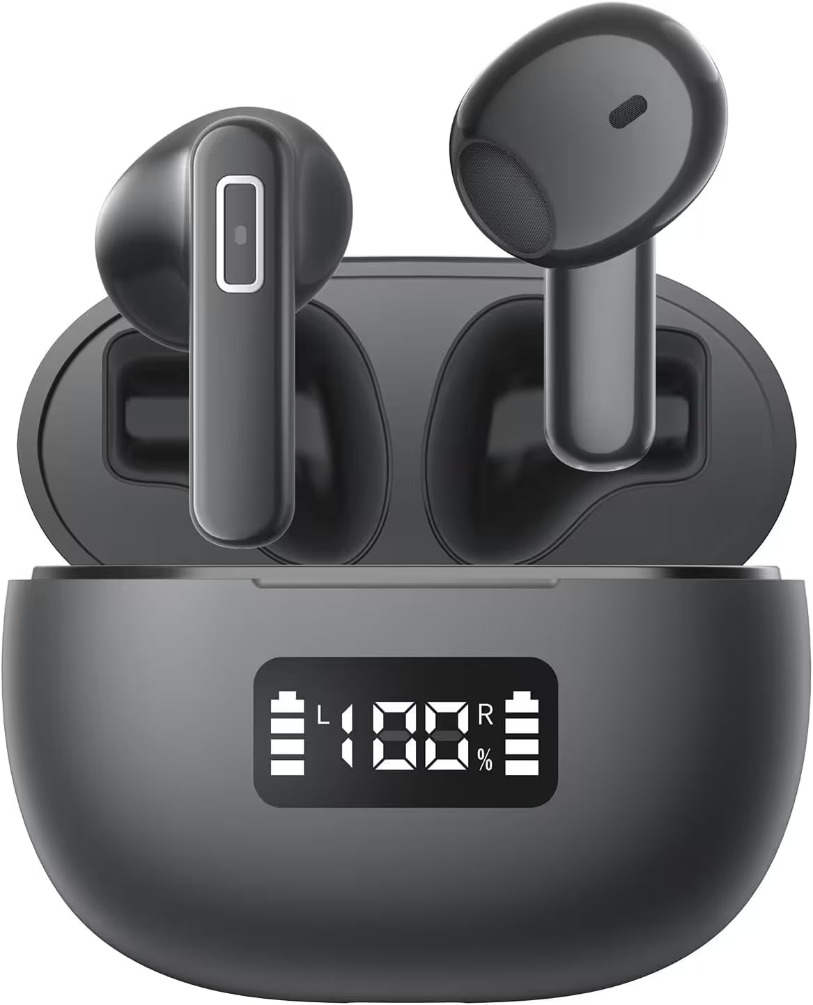 Black wireless earbuds with charging case and battery display on a white background