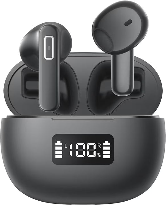 Black wireless earbuds with charging case and battery display on a white background