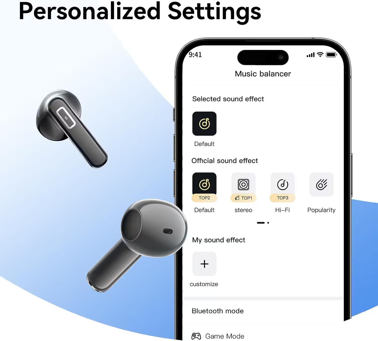 Black wireless earbuds with a smartphone displaying sound effect customization options.