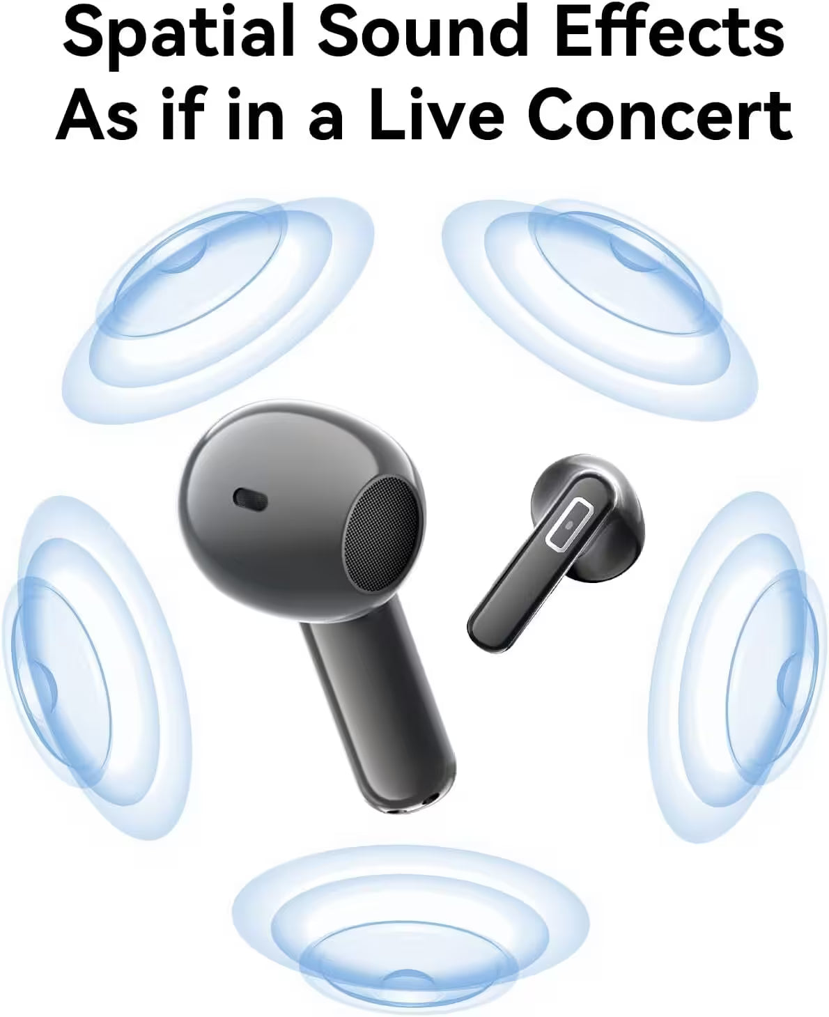Black wireless earbuds with spatial sound effect illustration on a white background