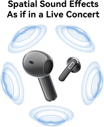 Black wireless earbuds with spatial sound effect illustration on a white background