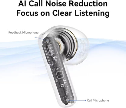 Close-up of a wireless earbud with labeled microphones on a white background