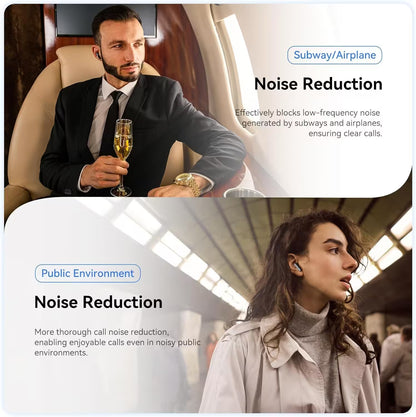 Two scenarios showing noise reduction technology: a man in an airplane and a woman in a public environment.