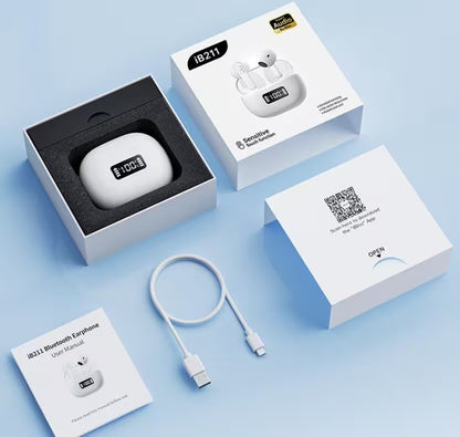 IB21 Bluetooth earphones with packaging, USB cable, and user manual on a light blue background