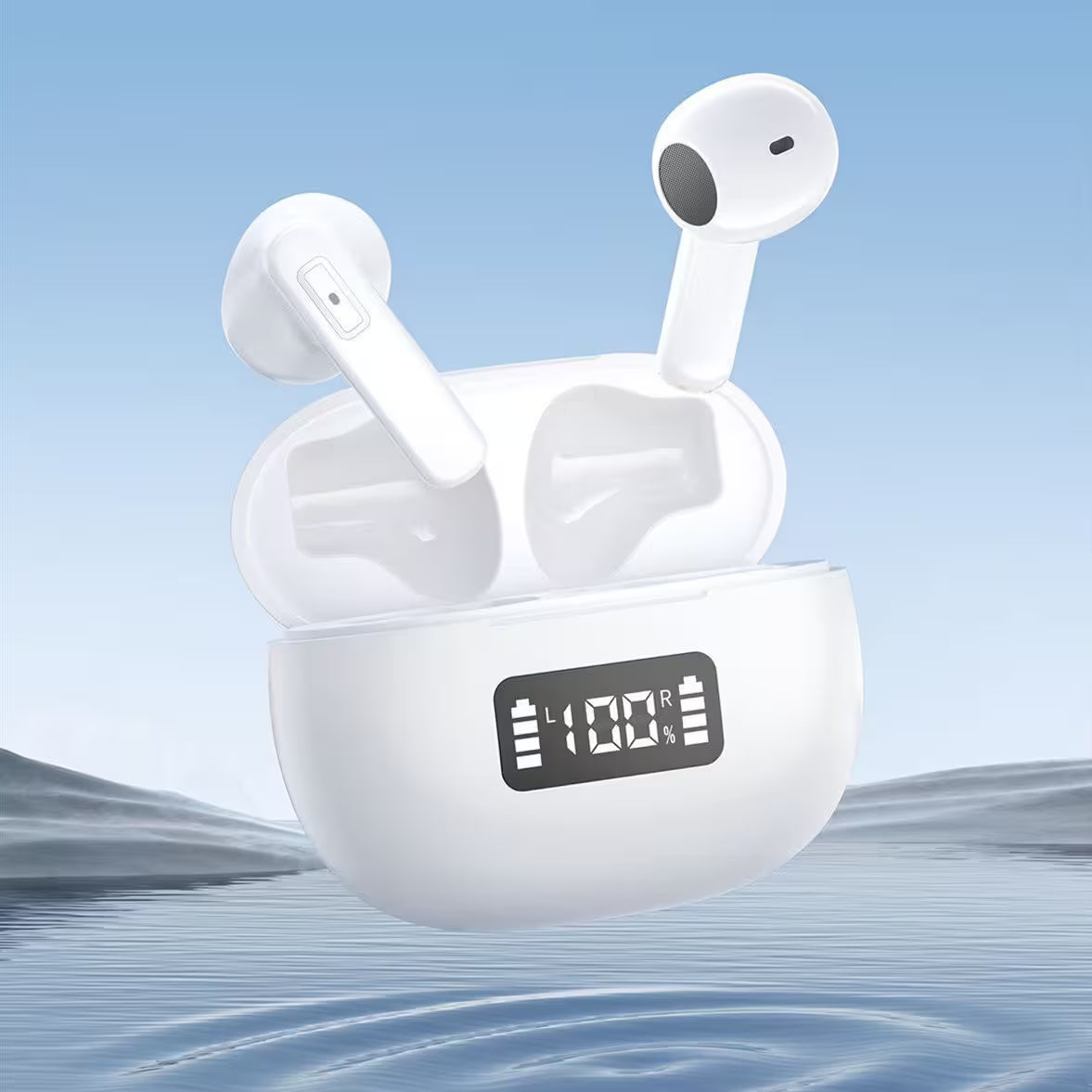 White wireless earbuds with charging case on a blue water background