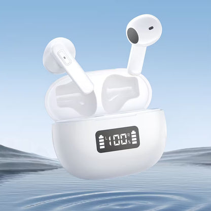 White wireless earbuds with charging case on a blue water background