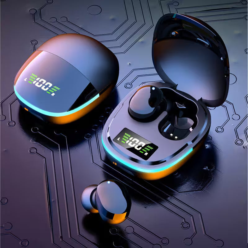 Wireless earbuds with charging case on a circuit board background