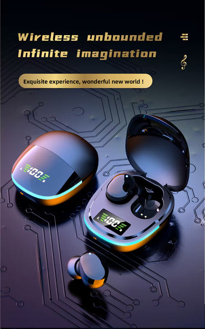 Wireless earbuds with digital display on a circuit board background, featuring text about wireless connection and imagination.