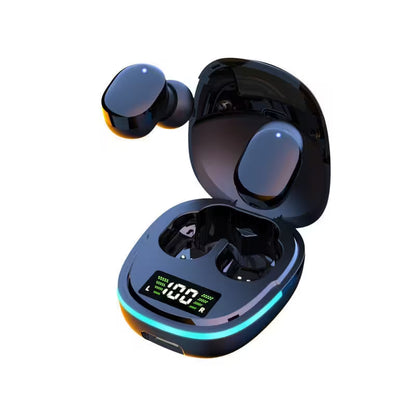 Wireless earbuds with charging case on a white background