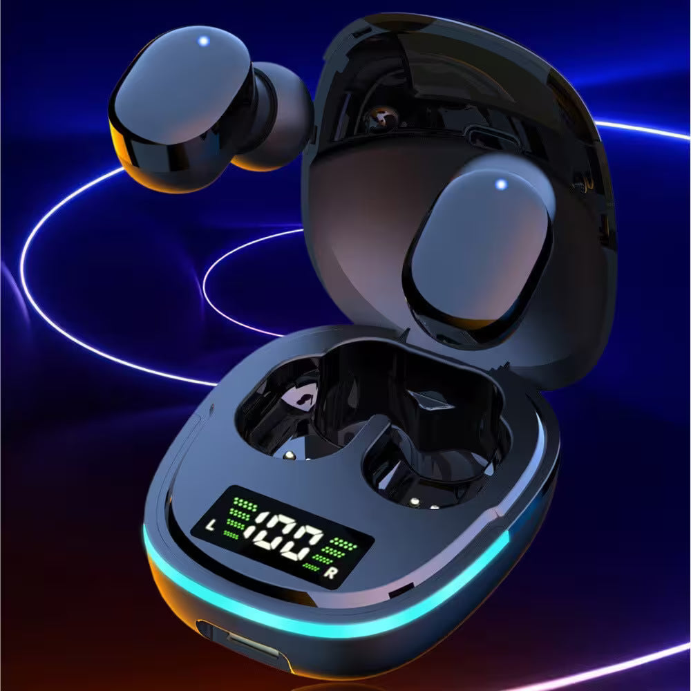 Wireless earbuds with charging case on a dark background
