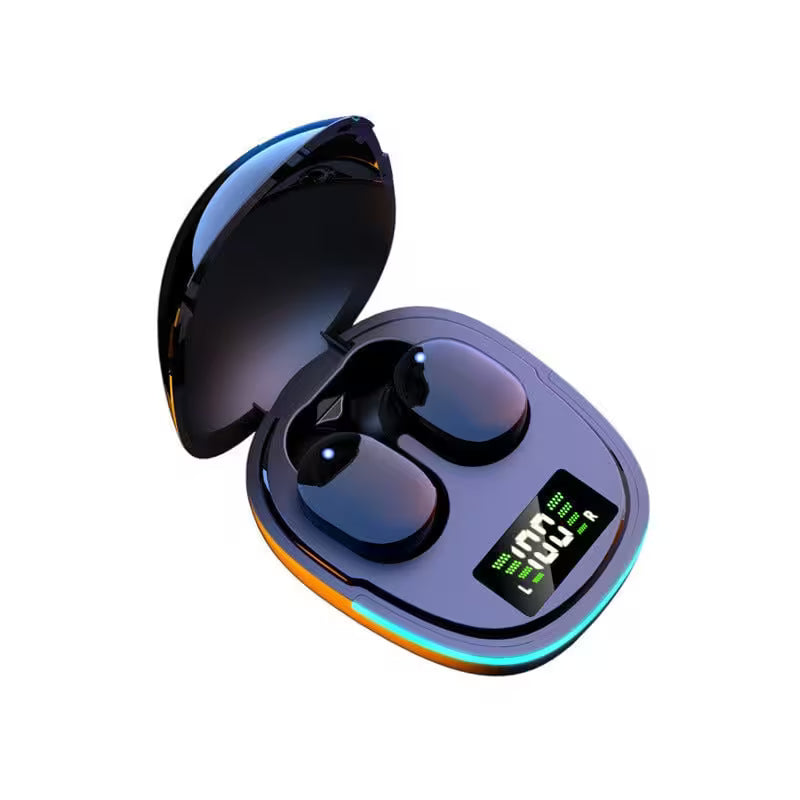 Black wireless earbuds in a charging case with a digital display on a white background