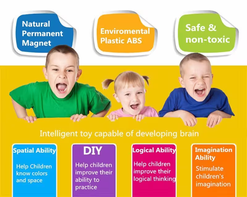 Three children with educational text about a toy's benefits on a yellow background