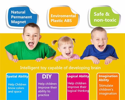 Three children with educational text about a toy's benefits on a yellow background