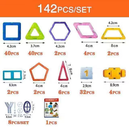 Set of colorful geometric shape building blocks with measurements and quantity details.