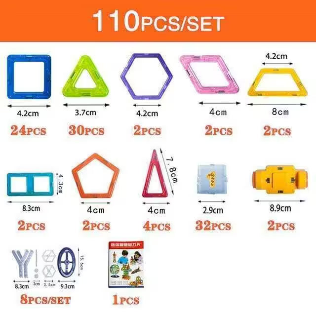 Set of geometric shape building blocks with measurements and quantity details on a white background.