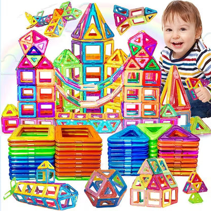 Colorful magnetic building blocks set with a child playing with them