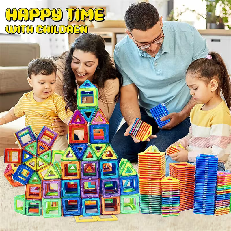 Family playing with colorful magnetic building blocks in a living room.
