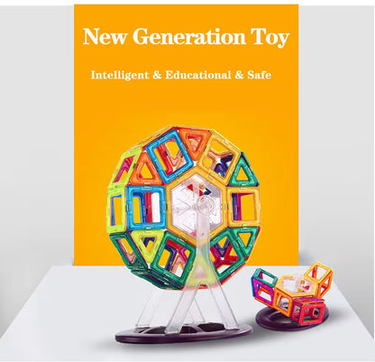 Colorful geometric toy structure with 'New Generation Toy' text on an orange background
