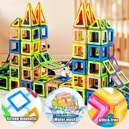 Colorful magnetic building blocks with a cat playing with them, featuring text on strong magnetic, water wash, and glitch-free properties.
