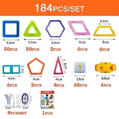 Set of colorful geometric shape building blocks with measurements and quantity details.