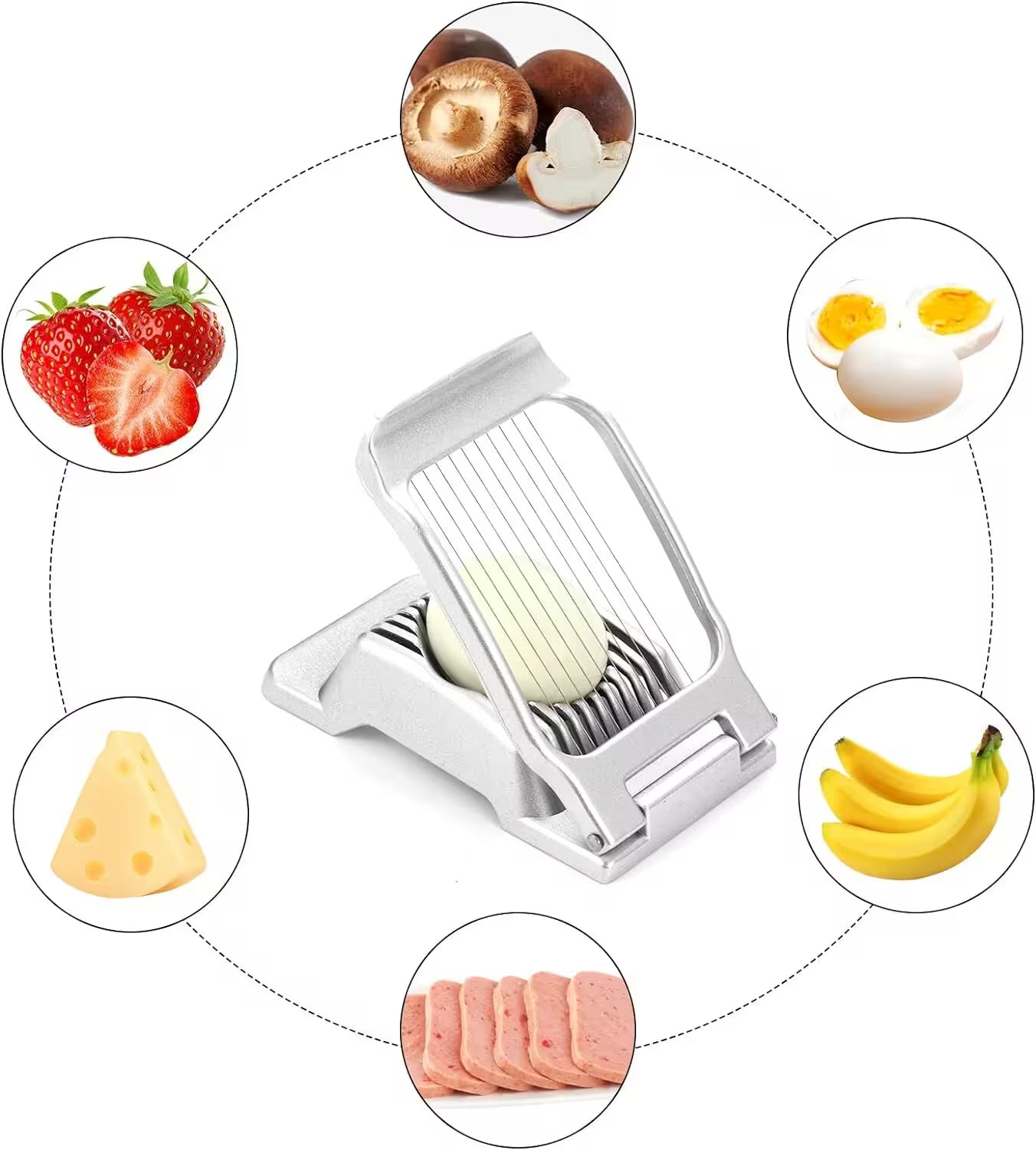 Multifunctional kitchen slicer with sliced fruits, vegetables, and cheese on a white background