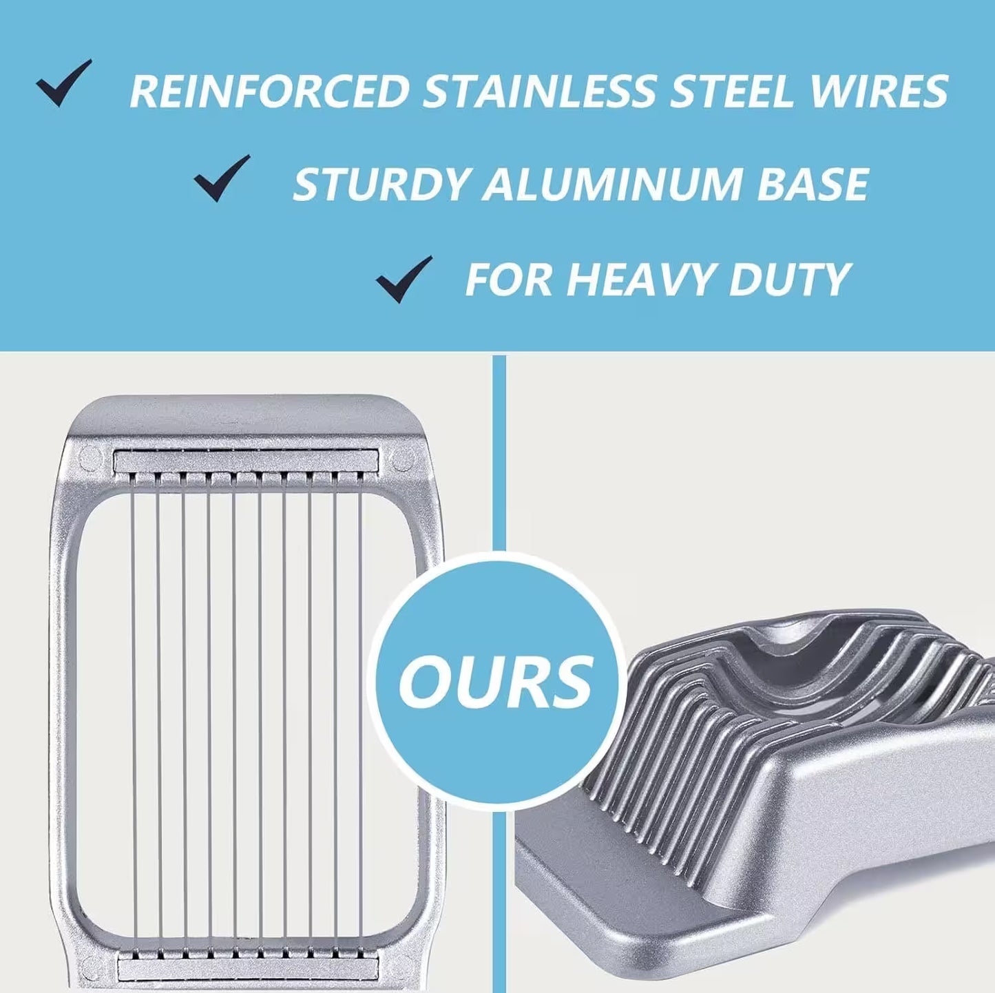 Metallic kitchen tool with text highlighting reinforced stainless steel wires and sturdy aluminum base on a blue background.