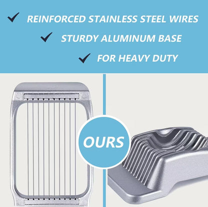 Metallic kitchen tool with text highlighting reinforced stainless steel wires and sturdy aluminum base on a blue background.