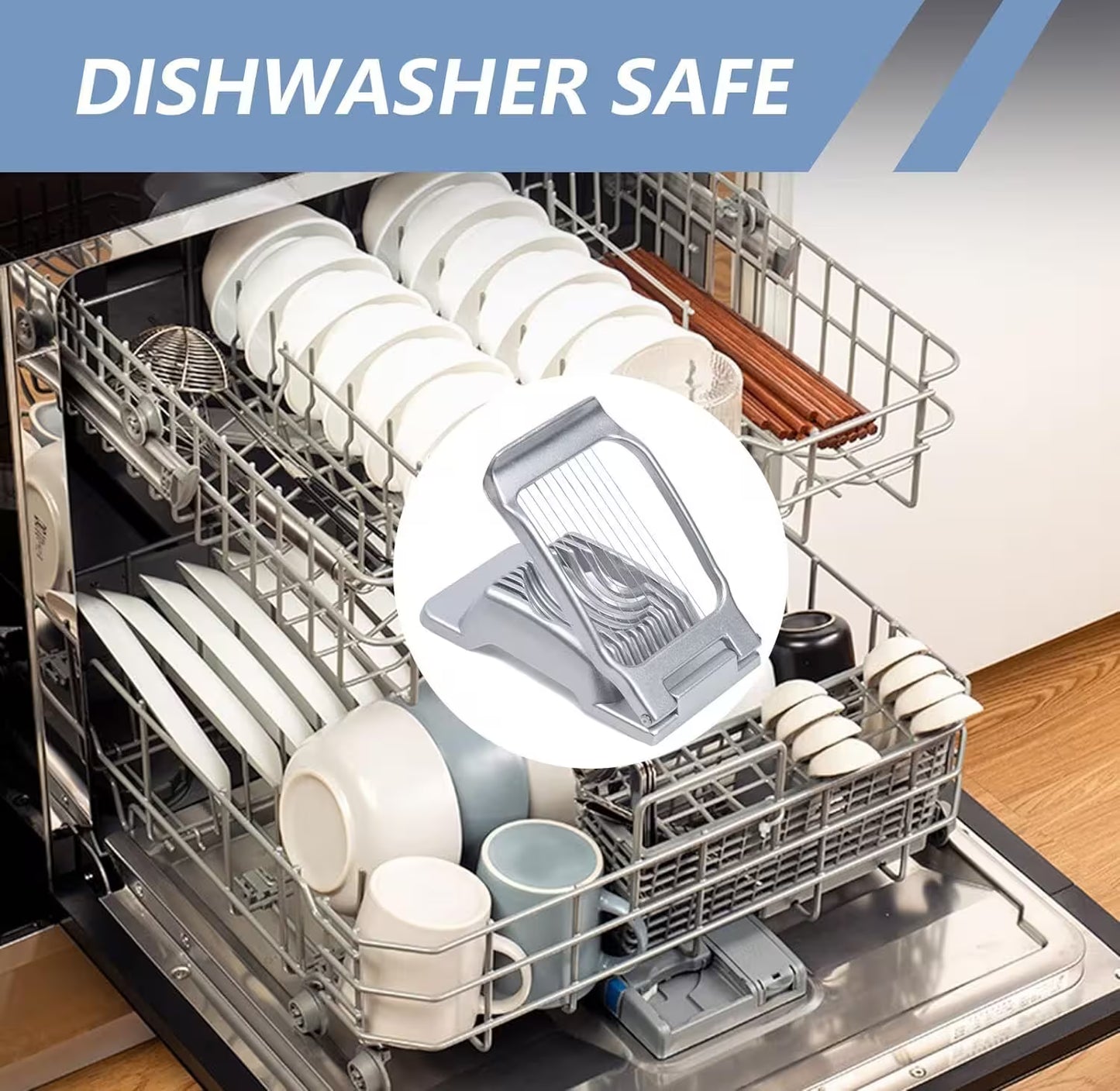 Dishwasher with dishes and a slicer inside, labeled 'Dishwasher Safe'.