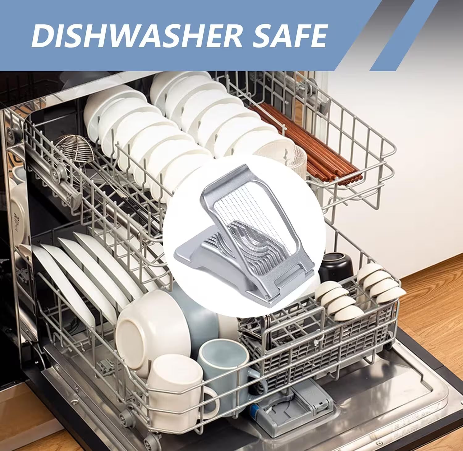 Dishwasher with dishes and a slicer inside, labeled 'Dishwasher Safe'.