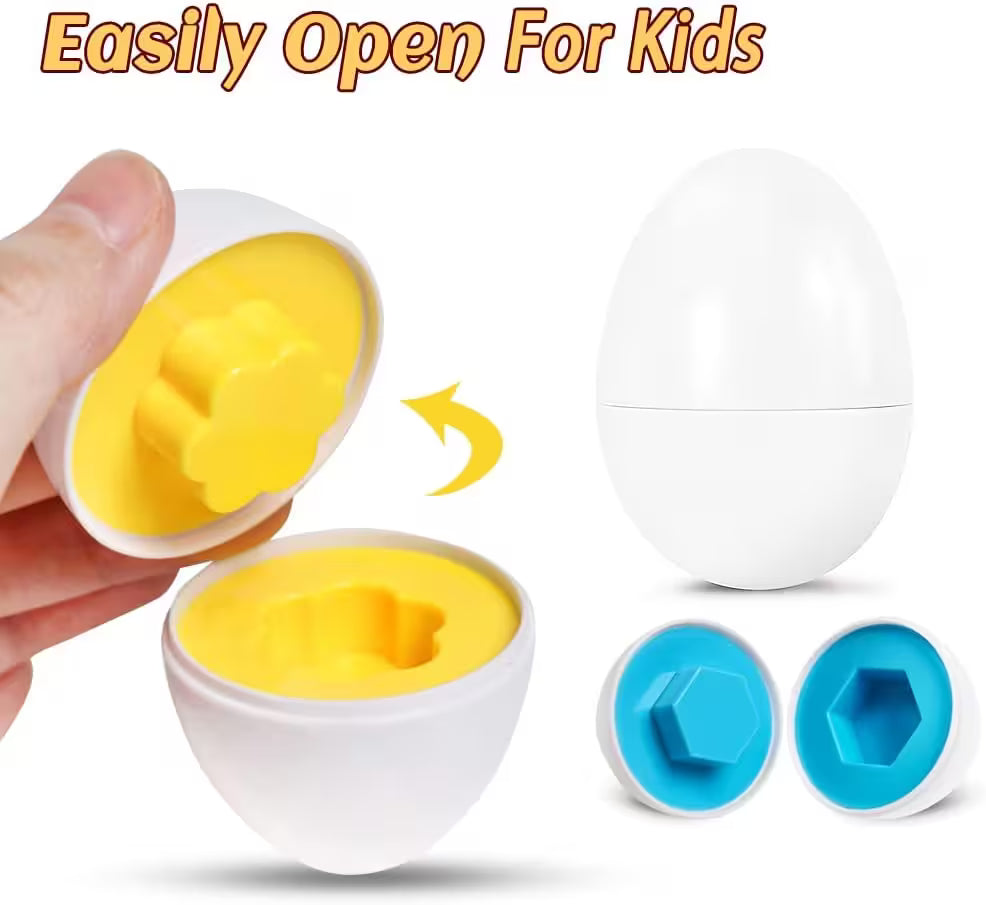 Egg-shaped container with yellow interior and blue lids, designed for easy opening by kids.