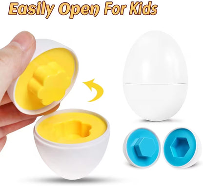 Egg-shaped container with yellow interior and blue lids, designed for easy opening by kids.
