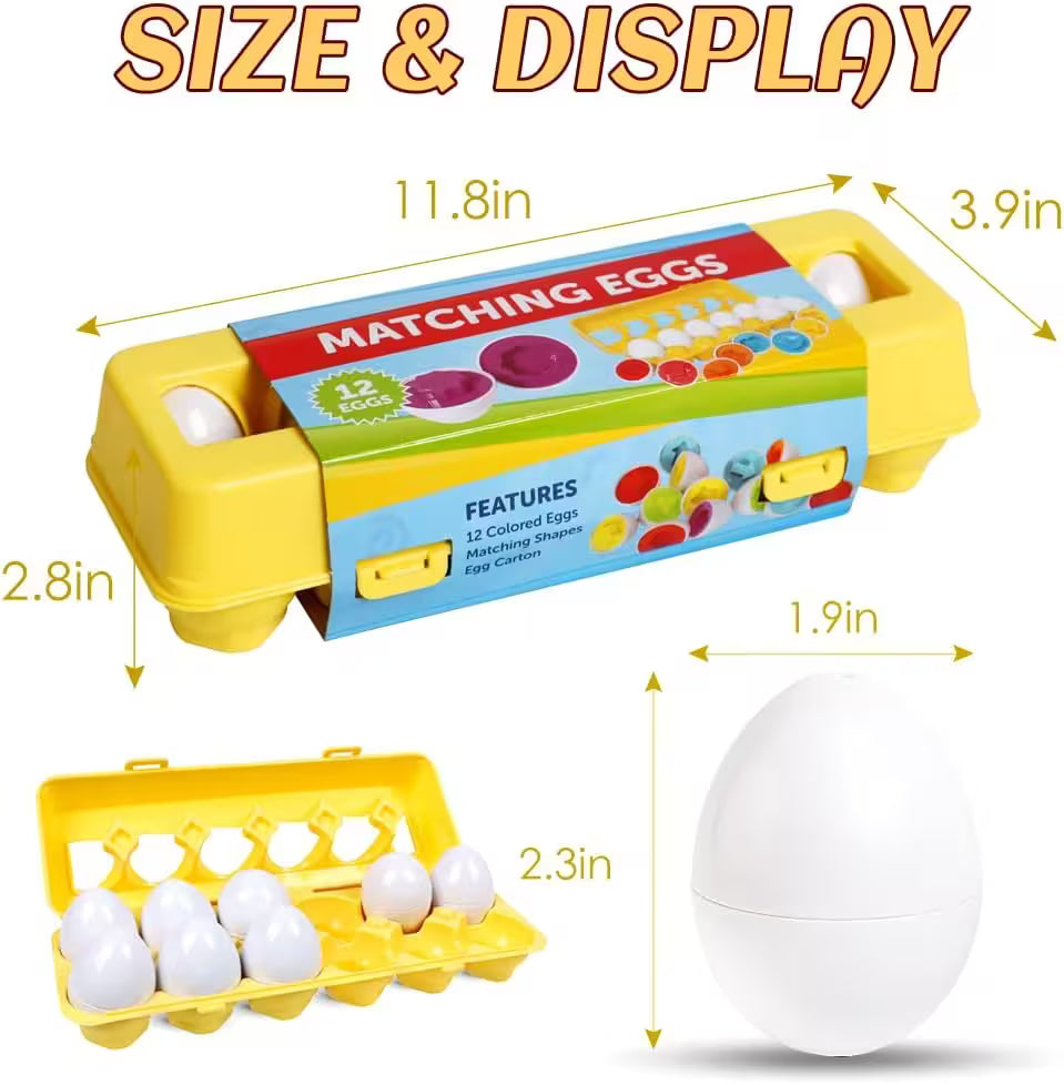 Yellow egg carton with white eggs and colorful labels, showing dimensions and features.