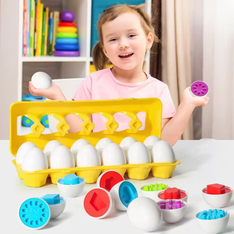 Child playing with colorful educational toys in a bright room