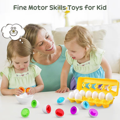 Woman and two children playing with colorful fine motor skills toys on a table.