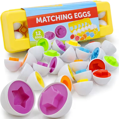 Colorful matching eggs toy set with packaging on a white background
