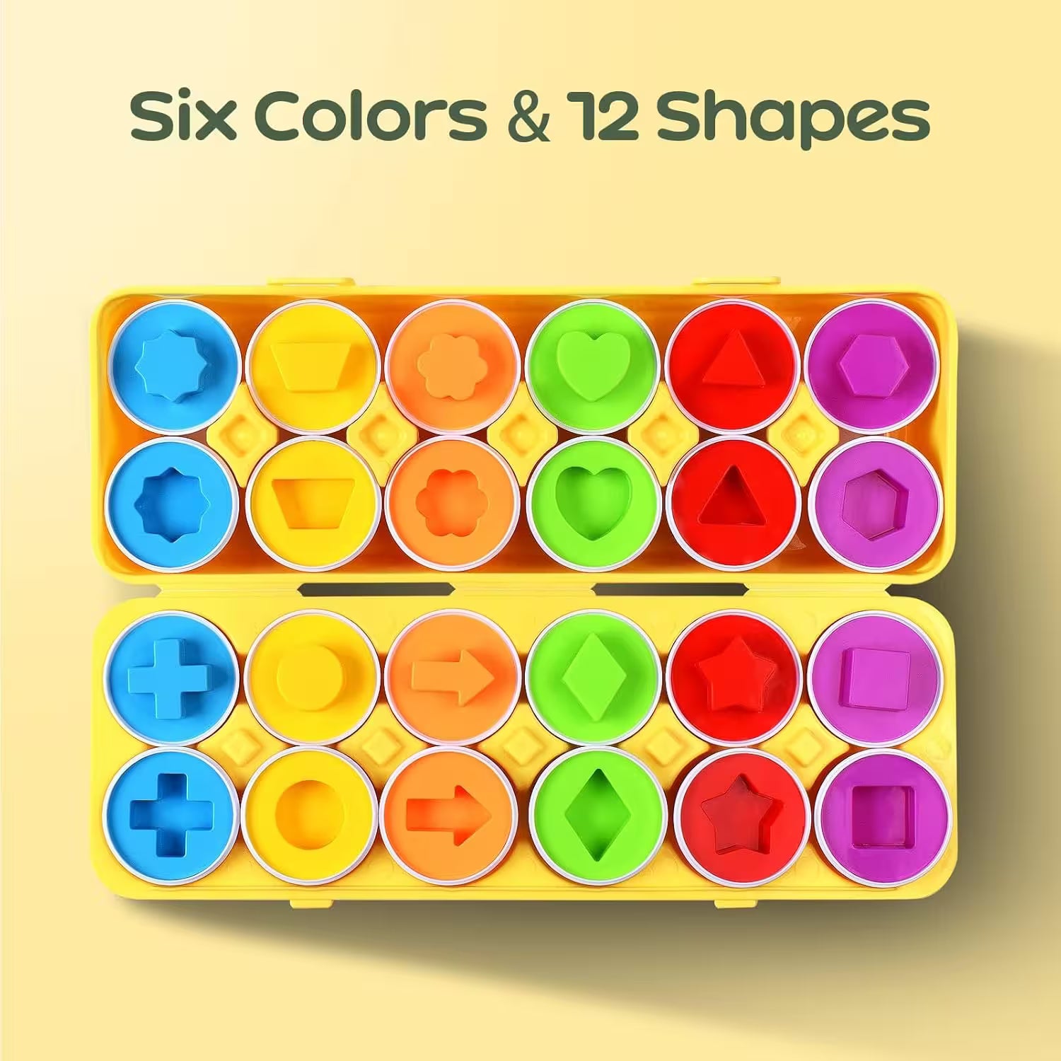 Colorful shape sorting toy with six colors and twelve shapes on a yellow background.