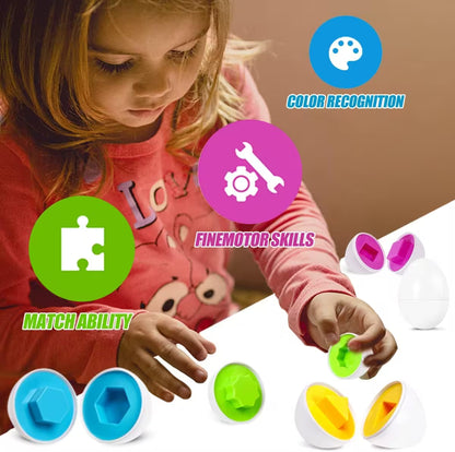 Child playing with educational toys that promote color recognition, fine motor skills, and matchability.